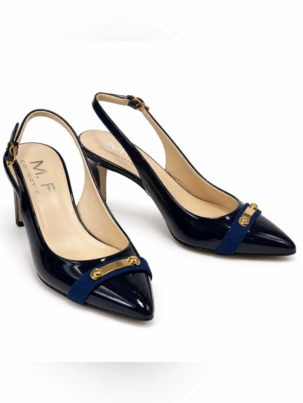 M. F. Collection Women’sNavy Patent Pointed-Toe Slingback Heels with Gold Accent